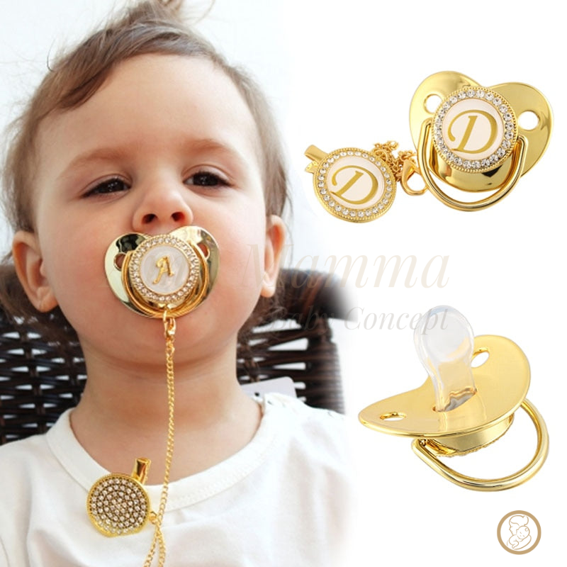 Personalisierter Schnuller + Premium Clip Geschenk - Golden